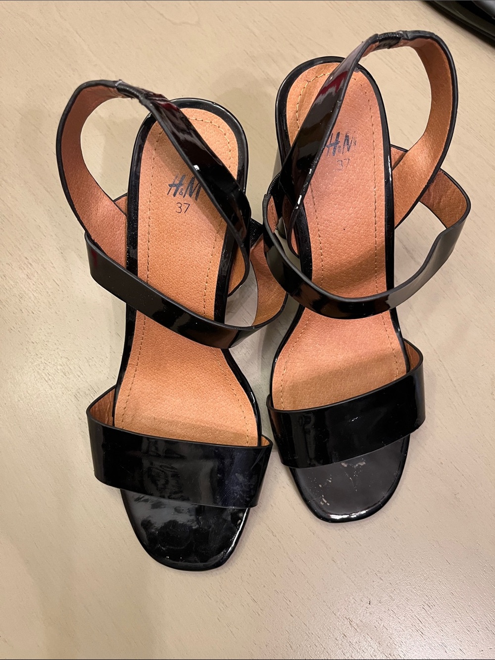 H&M Black Patent Strappy Mid-Heel Sandals